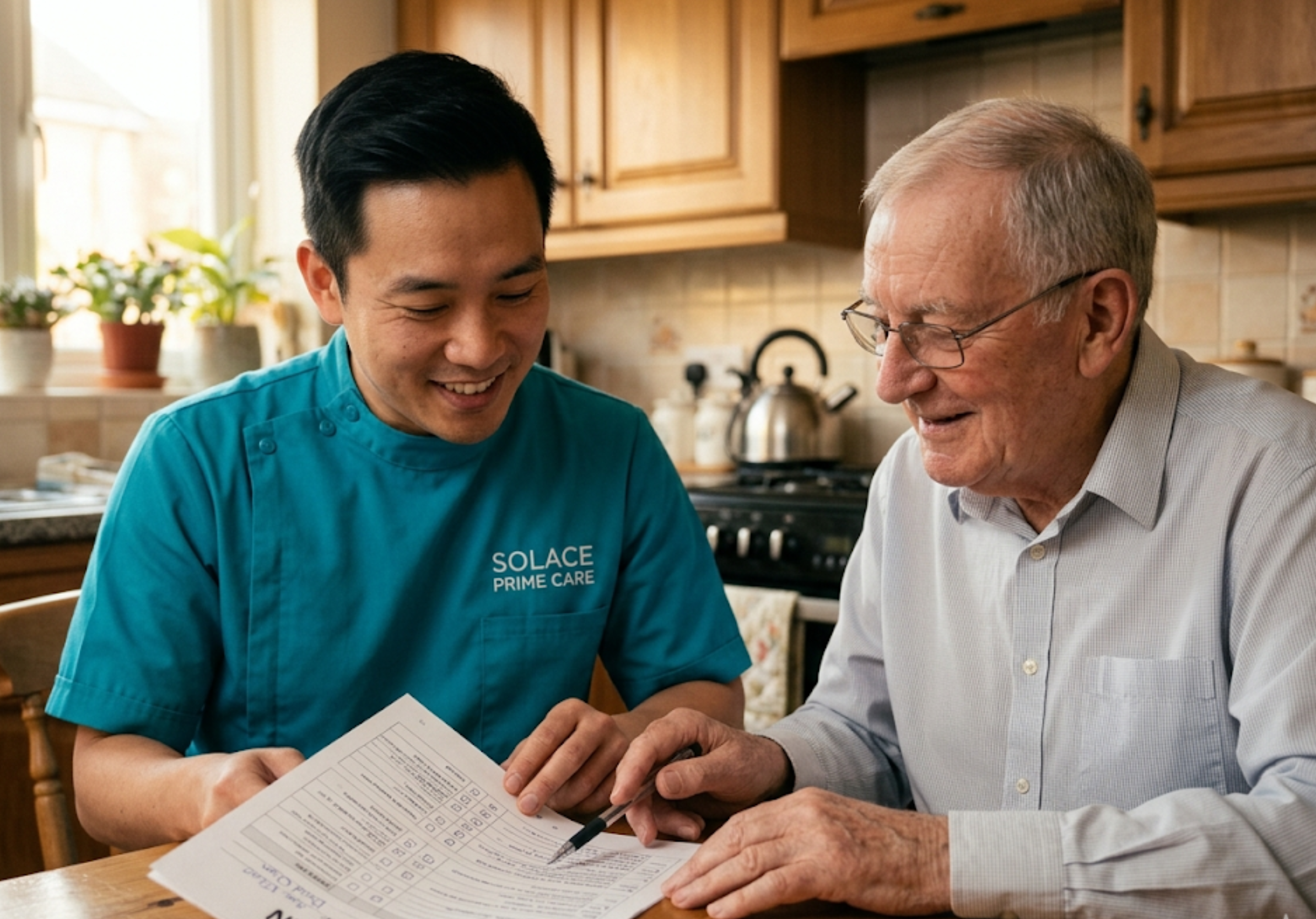 Asian male home carer and elderly client reviewing care plan together at home in Sheffield — Solace Prime Care person-centred domiciliary care